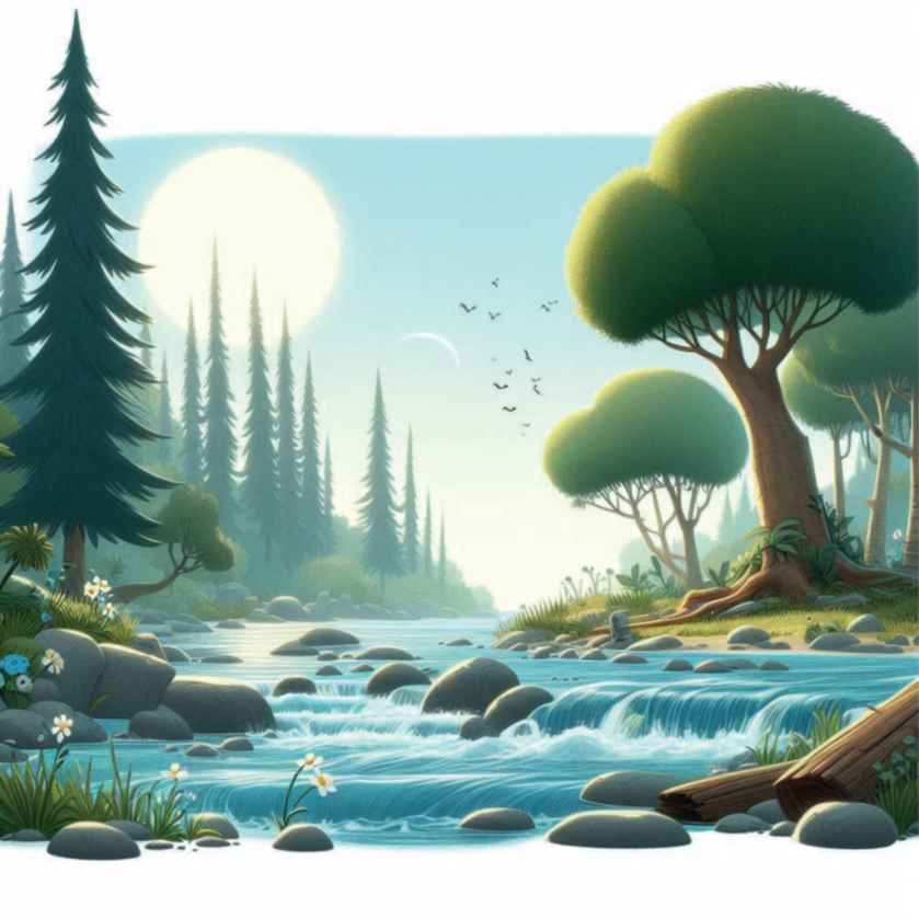 ilustración bosque y río