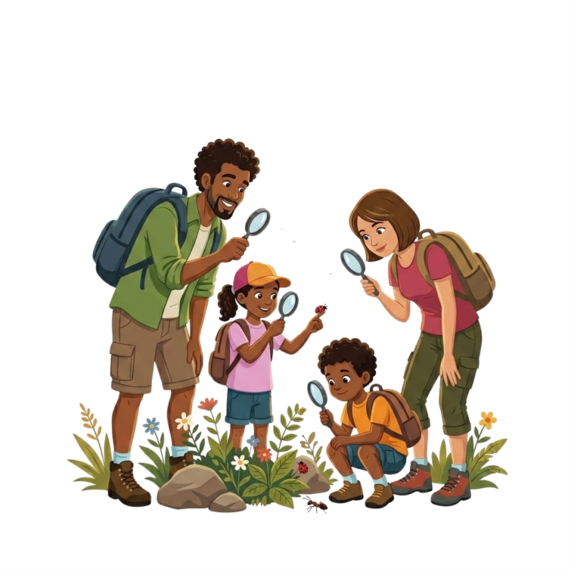 ilustración familia observando insectos
