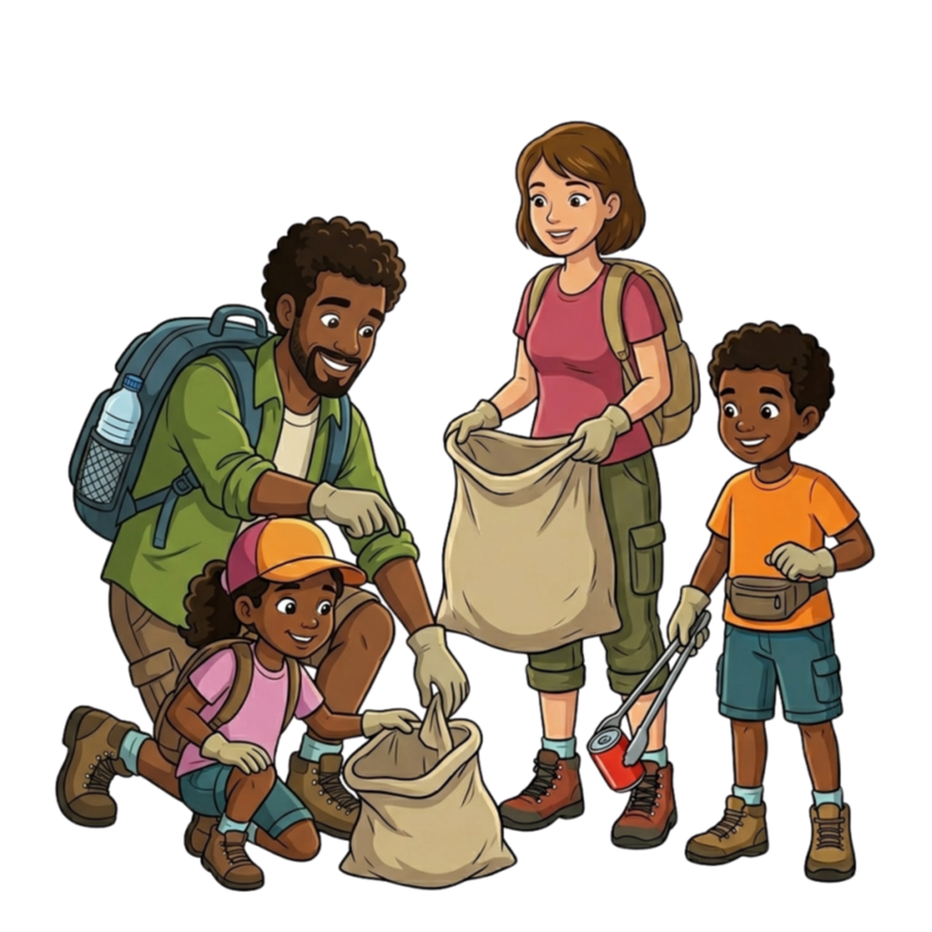 ilustración recogida residuos en familia