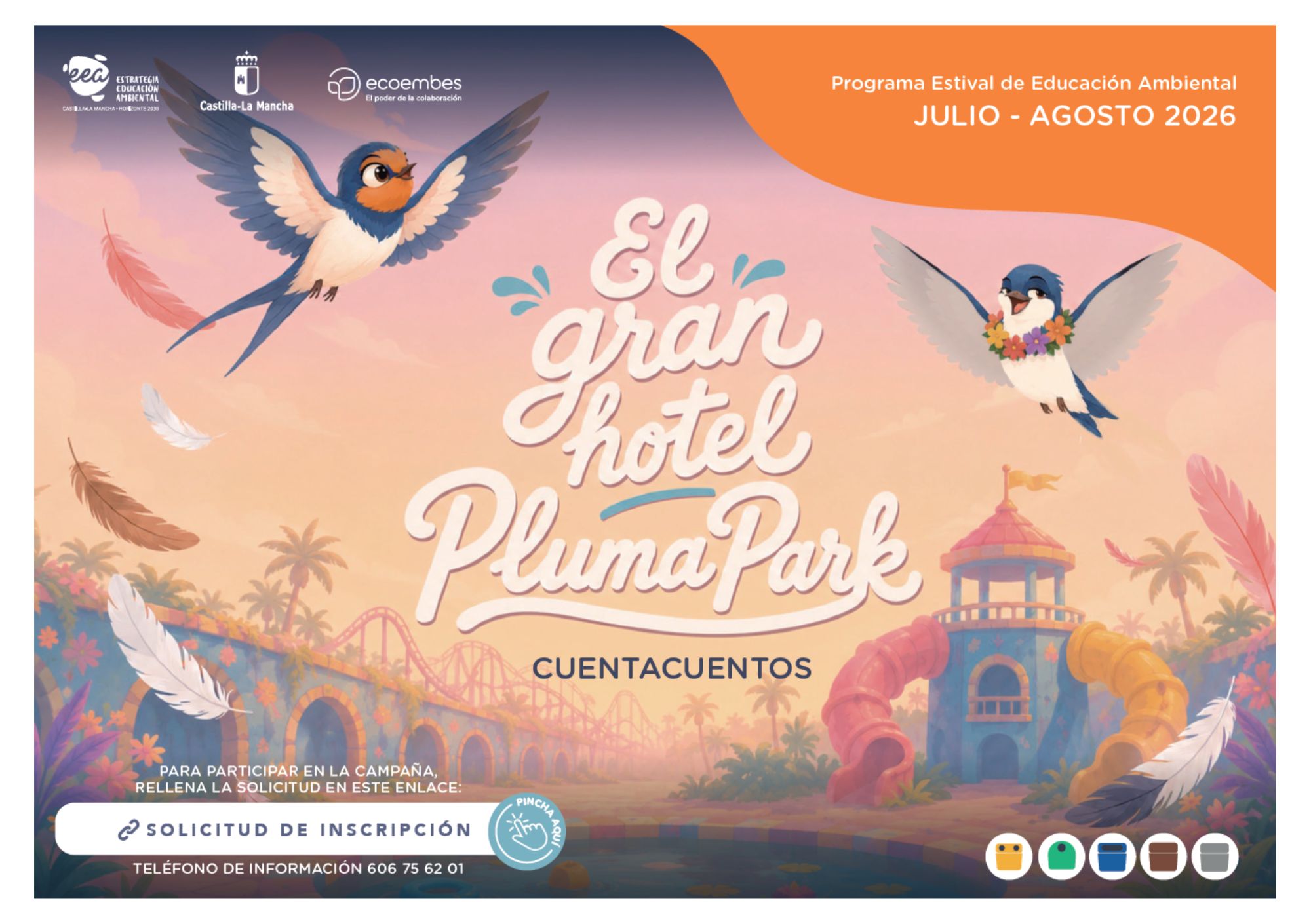ilustración golondrinas con parque acuático detrás