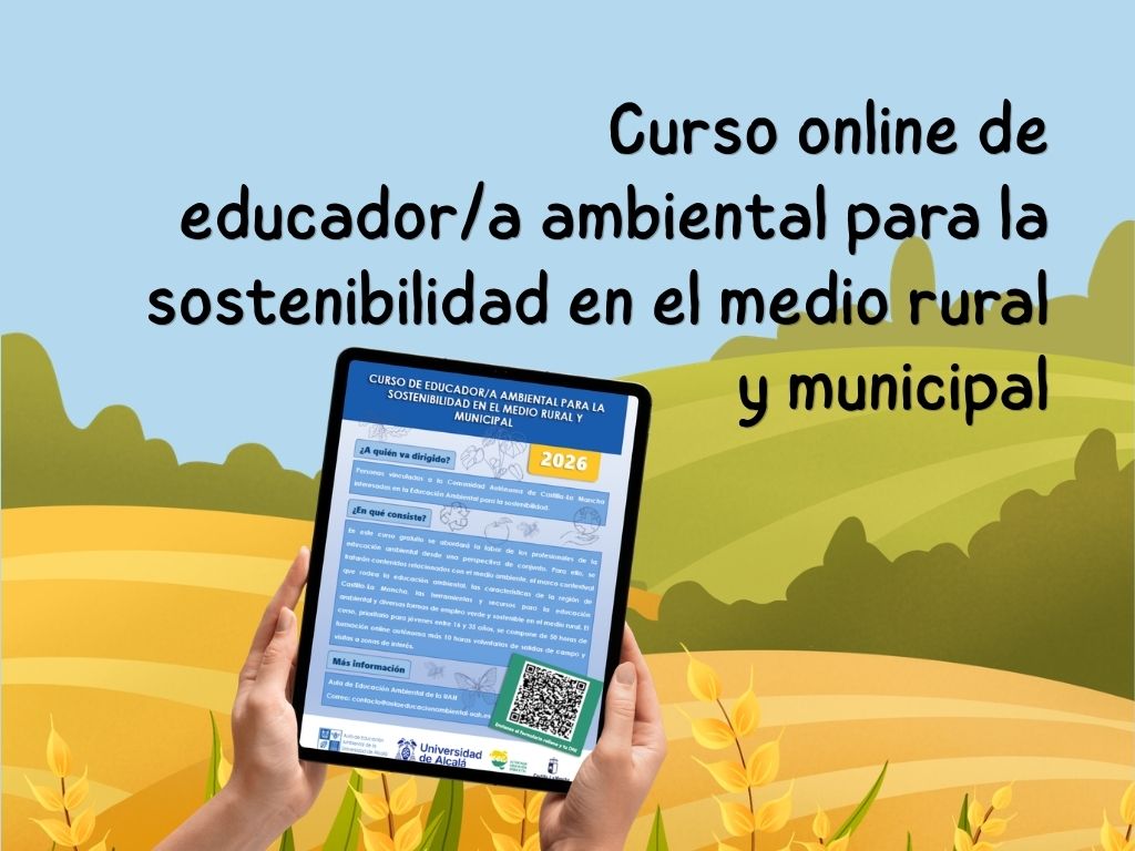 imagen para curso, tablet con fondo de paisaje rural
